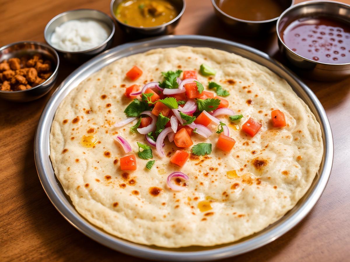 Traditional onion uttappam with sambar and chutney in Dubai